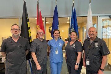 Ӱ Staff and Faculty Military Veterans who work at thse Dental Institute, from left to right: Don Touvell, Dental Lab Coordinator; Wes Reynolds, Dental Lab Manager; Melanie Bauer, D.M.D., Asistant Professor; Ashley Madern, D.M.D., Assistant Professor; Larry Johns, D.D.S., M.S.D., Assistant Professor